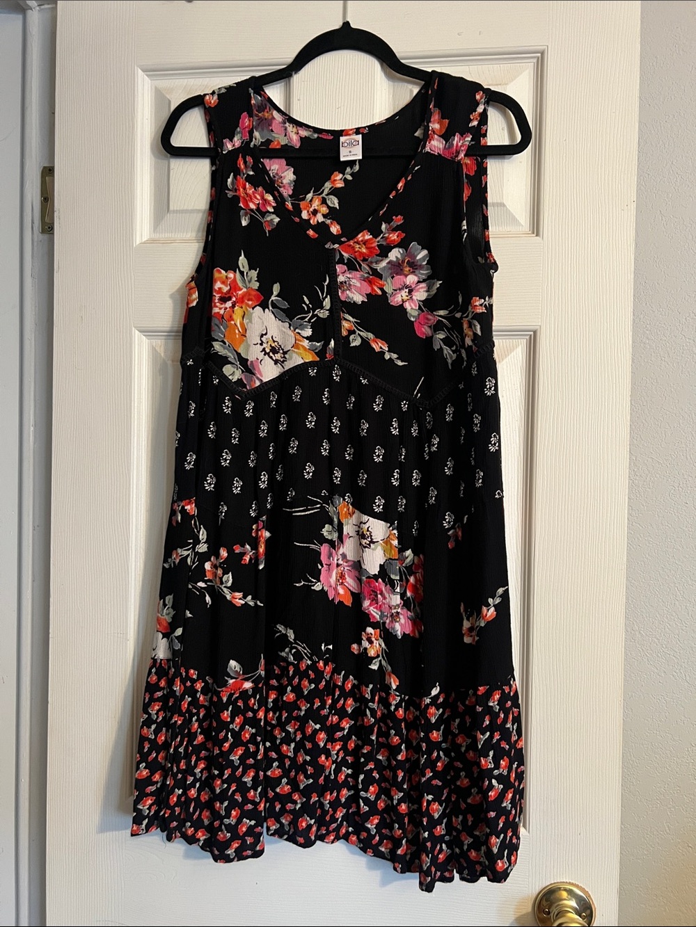 Bila Black Floral Midi Dress with Pink, Red and Orange Accents